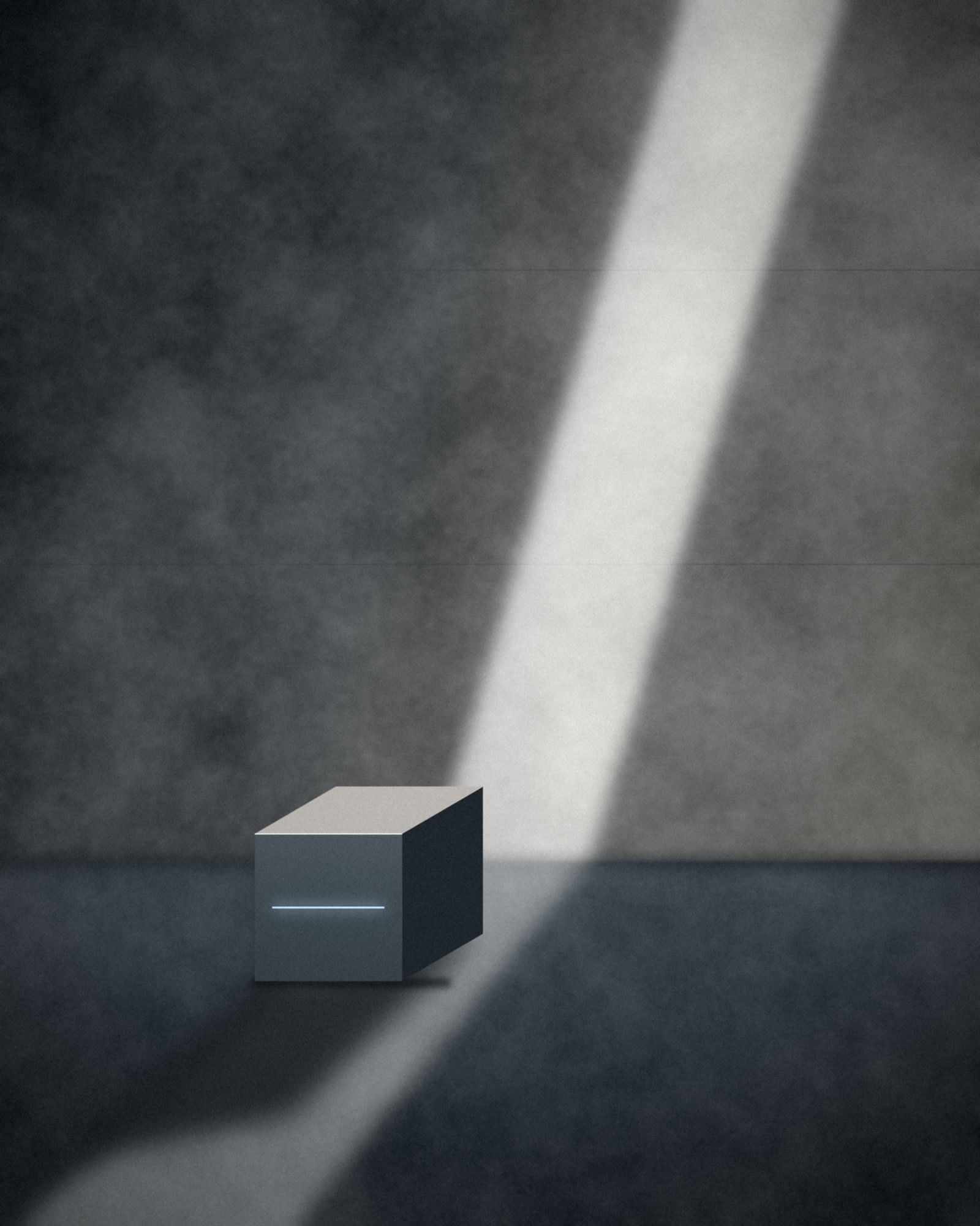 Bloco escuro sobre piso de concreto, iluminado por um feixe de luz de janela