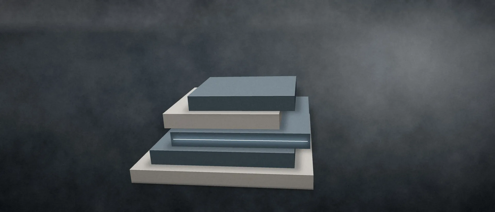 Lâminas de concreto e grafite empilhadas, uma delas com uma linha de luz azul